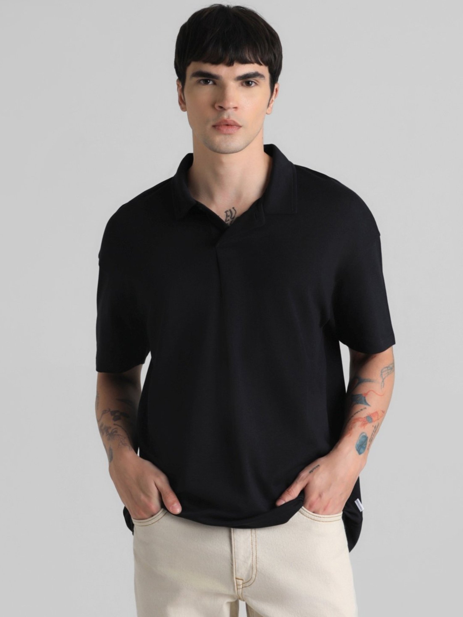 Jack & Jones Jet Black Cotton Boxy Fit Polo T-Shirt