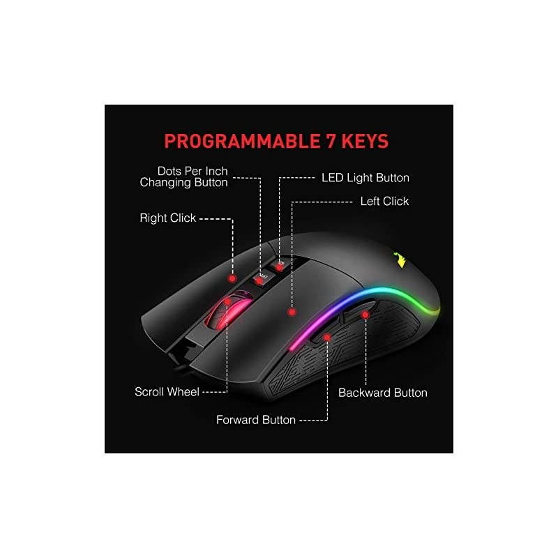 RGB Gaming Mouse Wired Programmable Ergonomic USB Mice 4800 Dots Per Inch 7 Buttons amp 7 Color Backlit for Laptop PC Gamer Computer Desktop