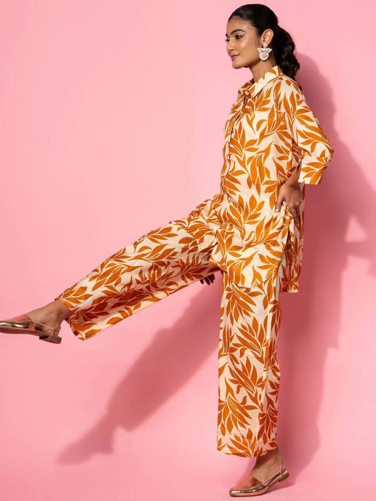 Libas Beige Printed Silk Blend Co-Ords