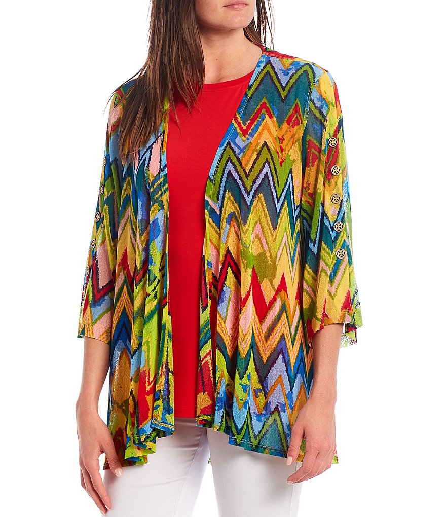 Ali Miles Petite Size Open Mesh Two Button Front 3/4 Sleeve Jacket