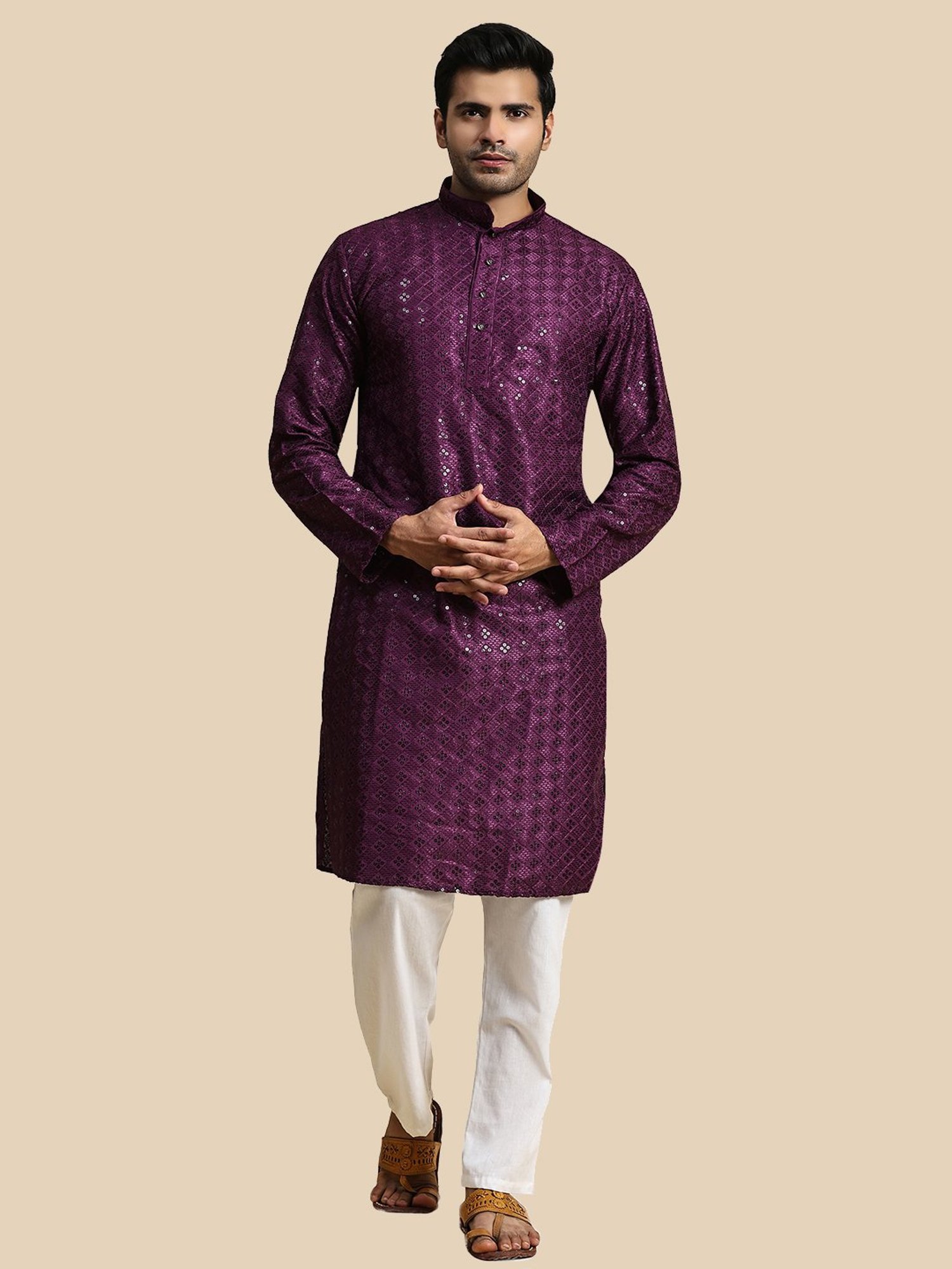 Pro-Ethic Style Developer Purple & White Regular Fit Embroidered Kurta & Pyjamas Set