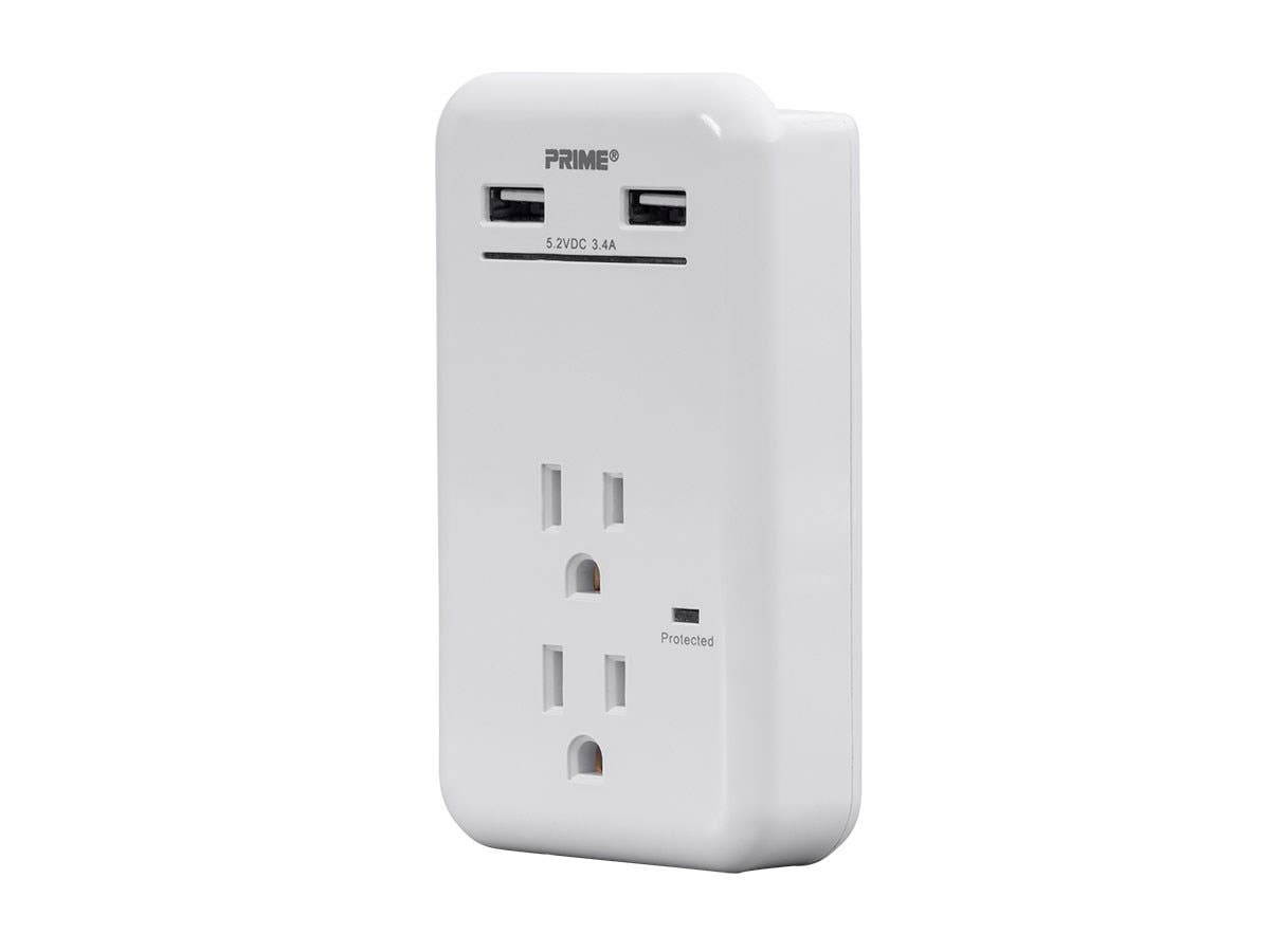 Monoprice 2 Outlet Surge Protector Wall Tap with 2 USB Charging Ports 3.4A, 450 Joules, White