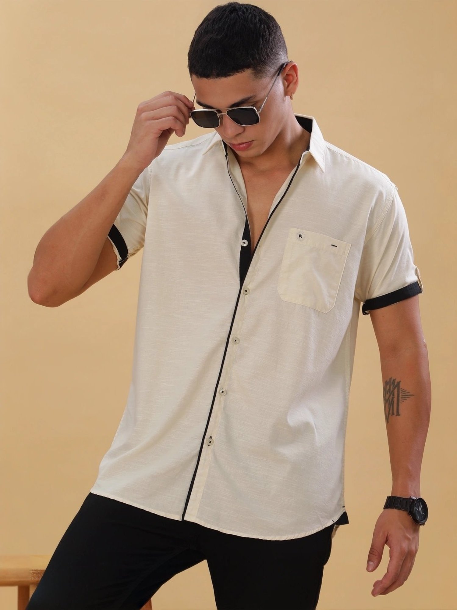Kuons Avenue Beige Linen Slim Fit Self Pattern Shirt