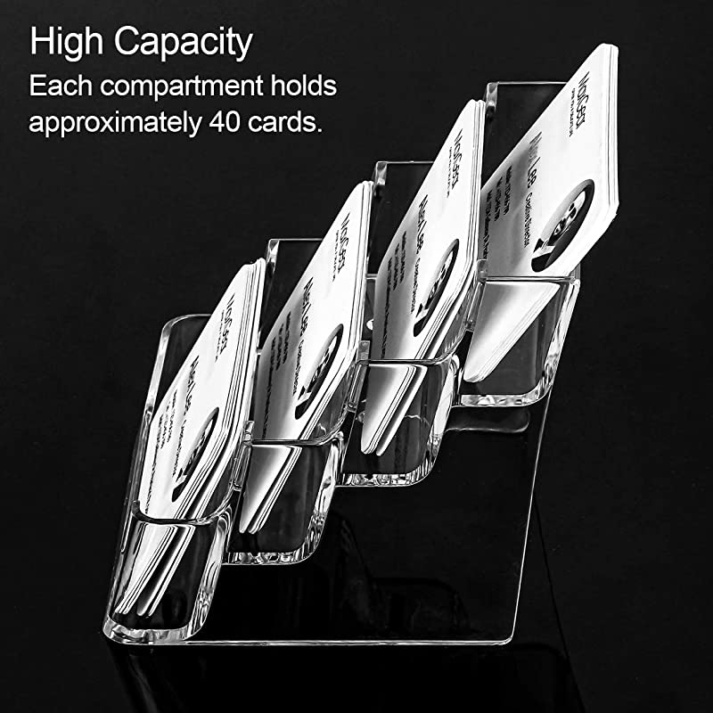Clear Business Card Holder 4 Pocket Business Card Display, Business Card Stand for Desk or Counter with 4 Tier, 160 Card Capacity, 2 Pack