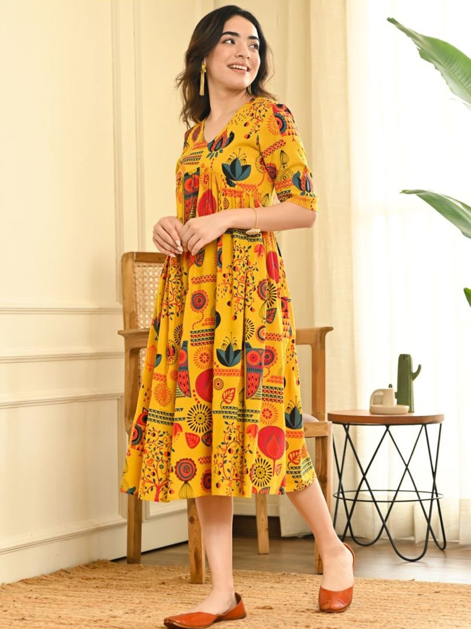 Rustorange Yellow Printed A-Line Dress