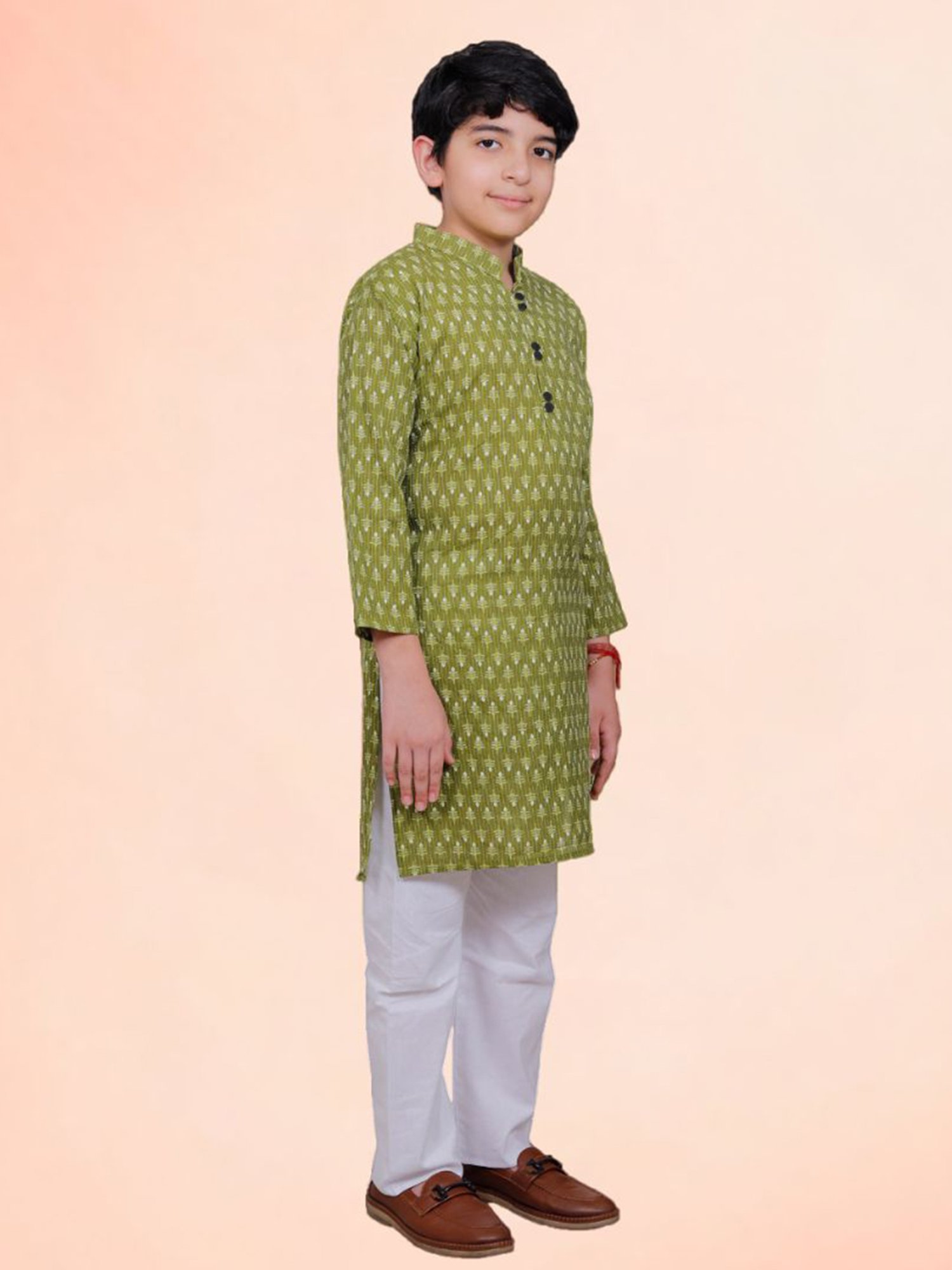 Tippy Top Kids Olive & White Printed Full Sleeves Kurta with Pyjamas