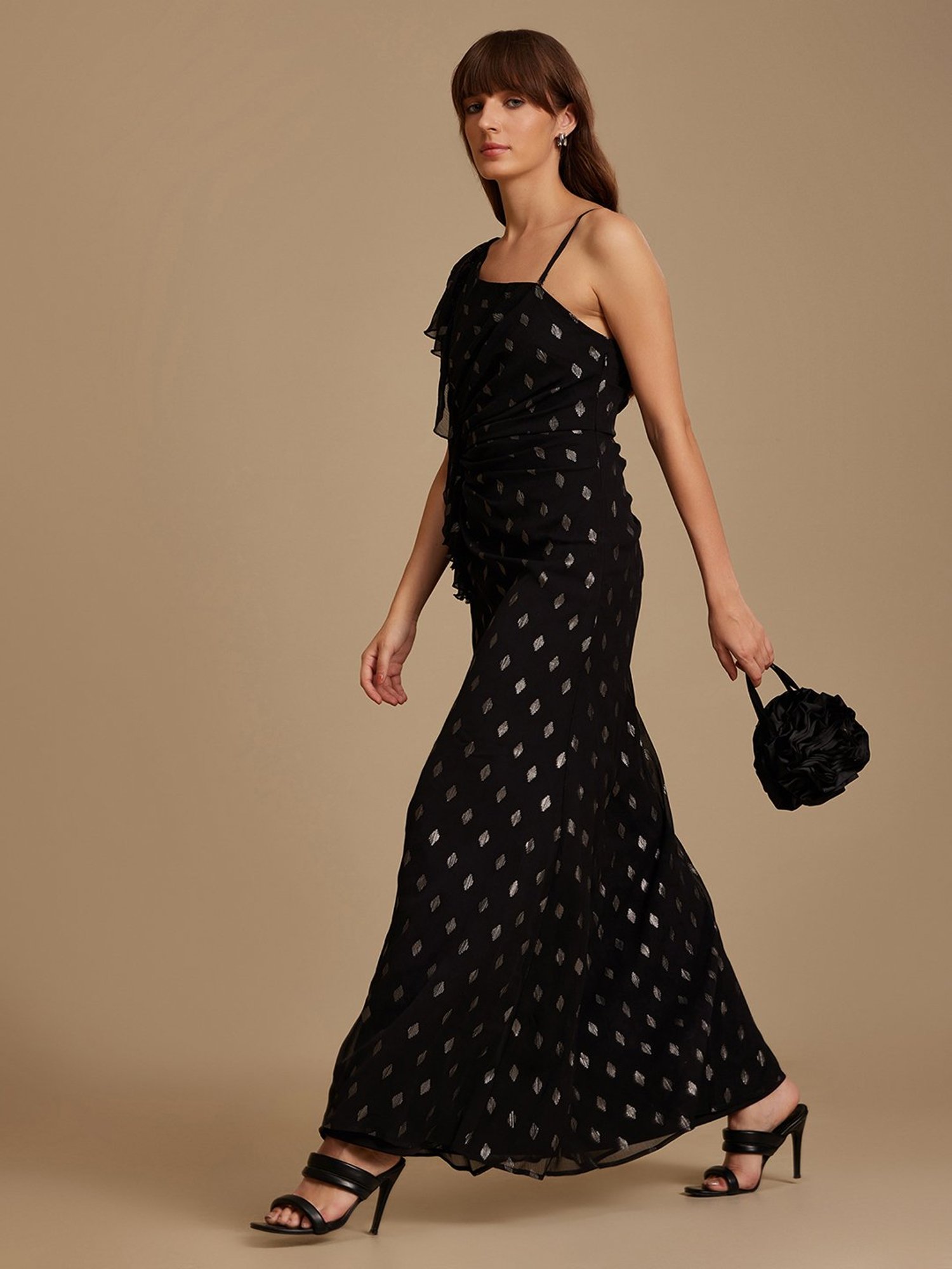 Kazo Black Self Design Maxi Dress