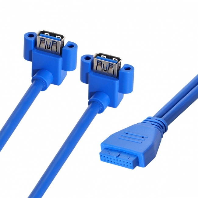Cablecc Up Angled USB 3.0 A Type Dual Female to Motherboard 20Pin 19 Pin Box Header Slot Panel Mount Cable 50cm