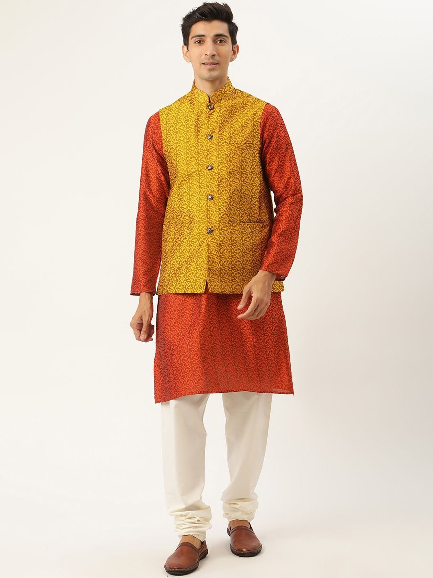 Sojanya Orange Regular Fit Embroidered Kurta Set With Jacket