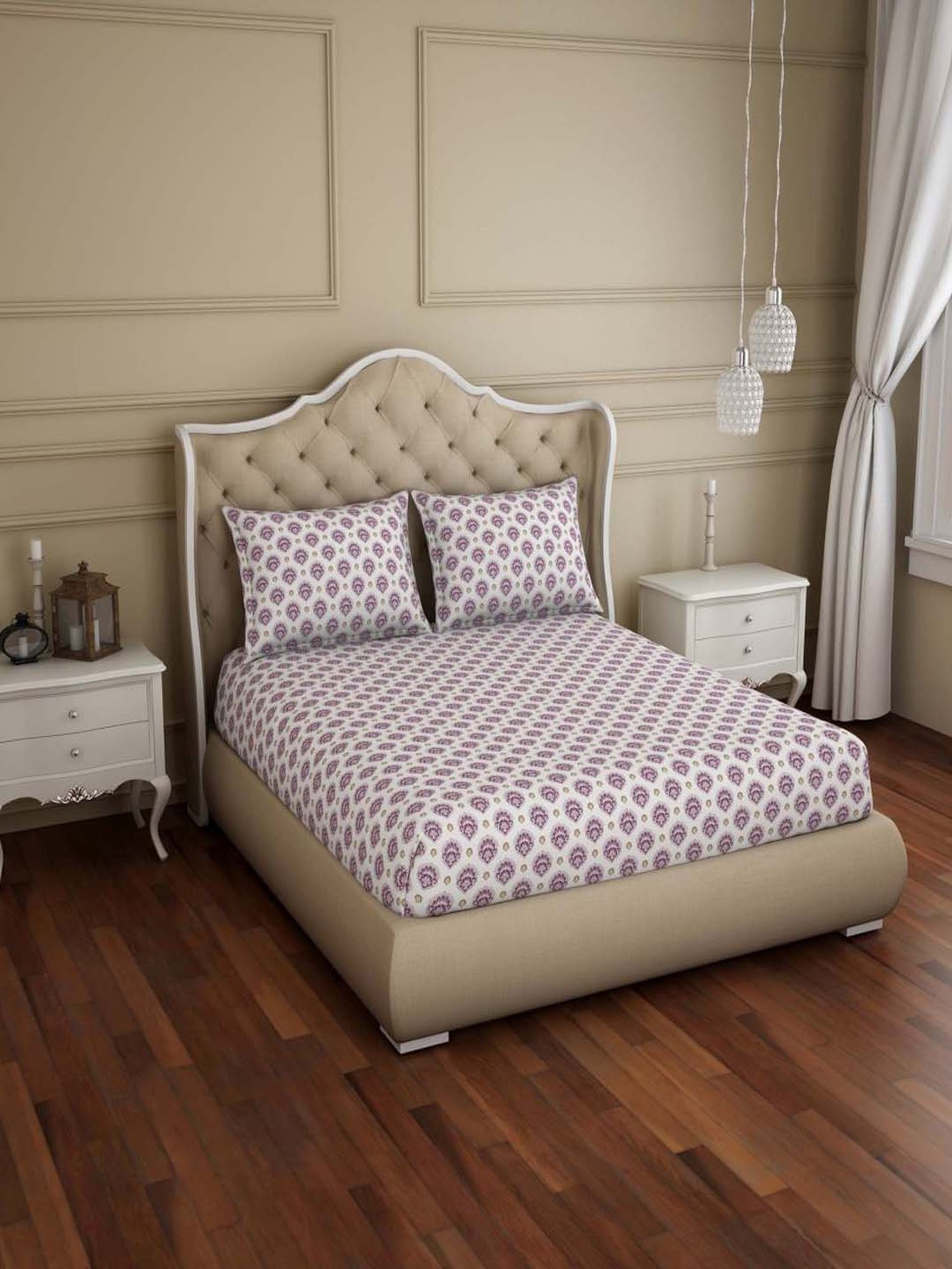 Welspun Reversible 150 TC White & Purple Bed Sheet Set