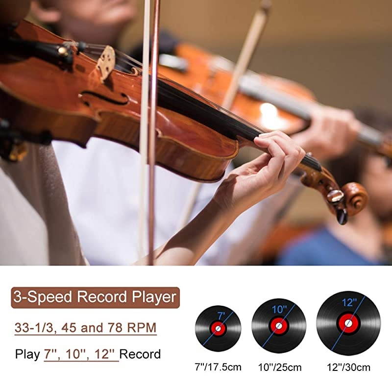 Record Player,  Portable 3 Speed Vinyl Turntable, Bluetooth Vintage Record Player with Built-in Speakers, Supports Headphone Jack/Aux Input/ RCA Line Out (Wooden Classic)