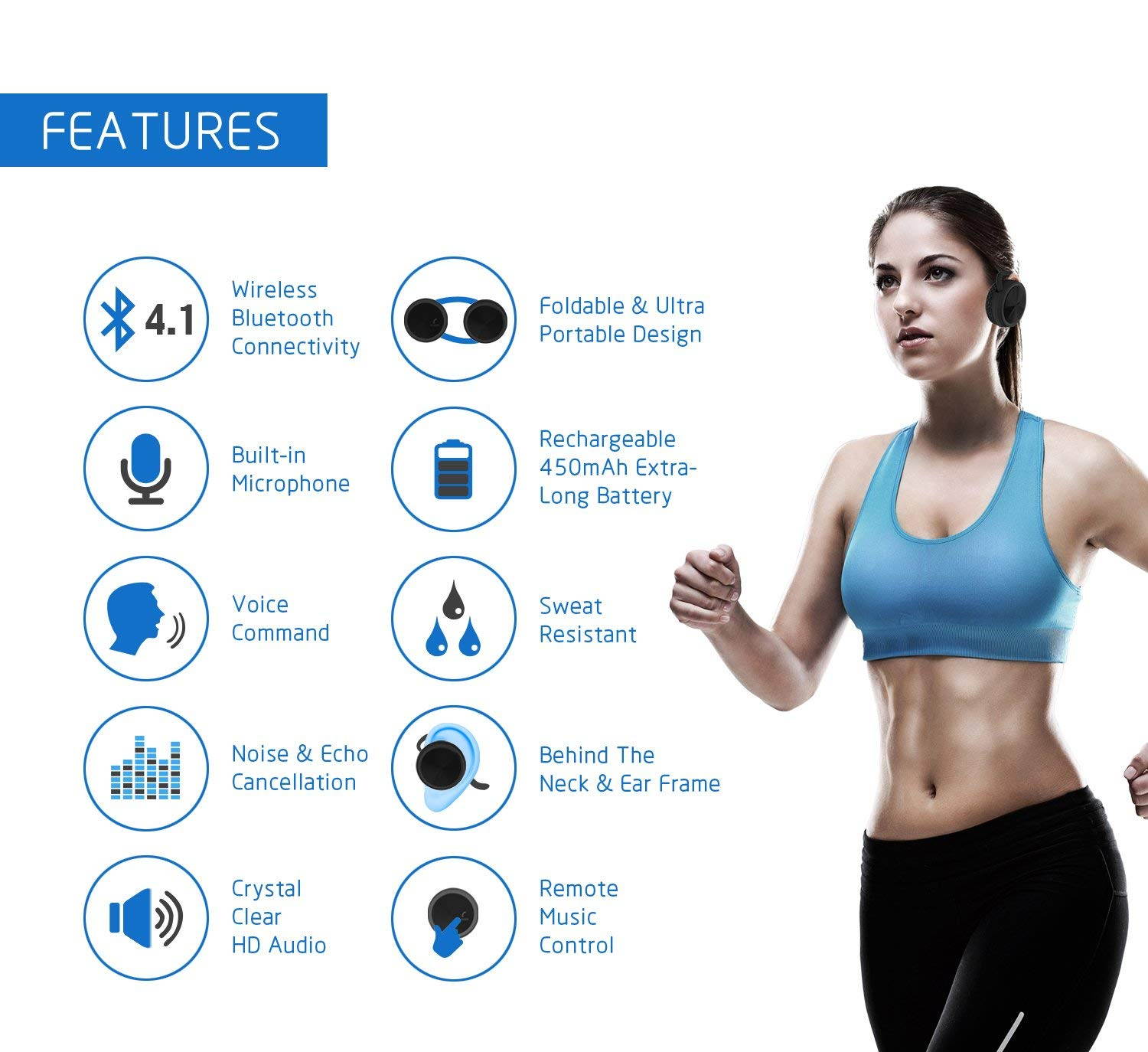 SH03 Bluetooth 4.1 Headphones, Wireless Stereo Sports Earphones with Mic for Wireless Music Streaming and Hands-Free Calling, Up to 25 Hours Music time