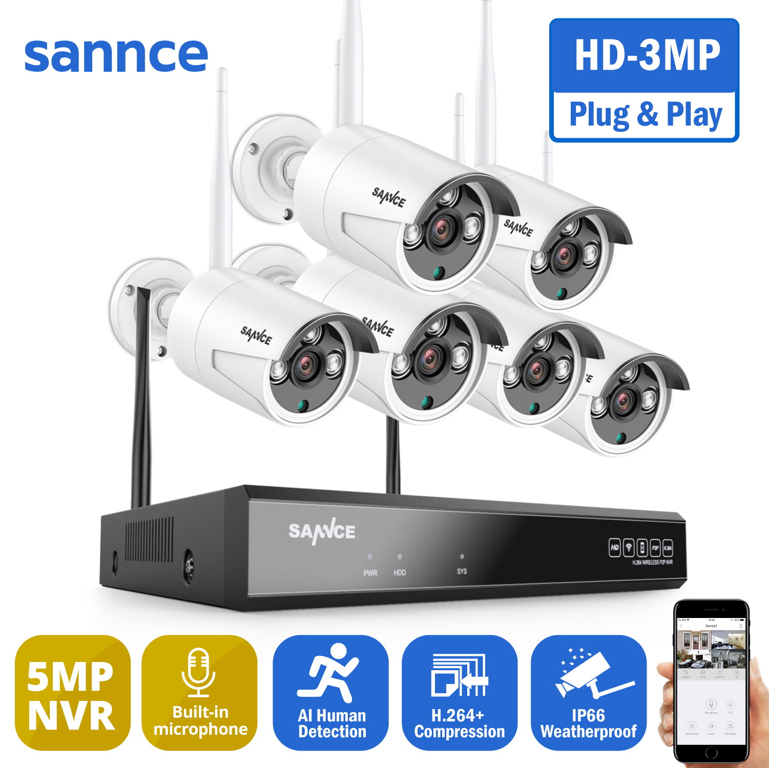 SANNCE 5MP Wireless NVR Security Camera System with 3MP WiFi Cameras Smart Motion Alerts Built-in Mic AI Human Detection 6 Camera No Hdd For Outdoor / Indoor