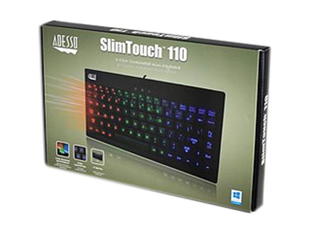 Adesso AKB-110EB SlimTouch 3 RGB colors illuminated Mini USB keyboard with multimedia hot keys, 2X large print keycap