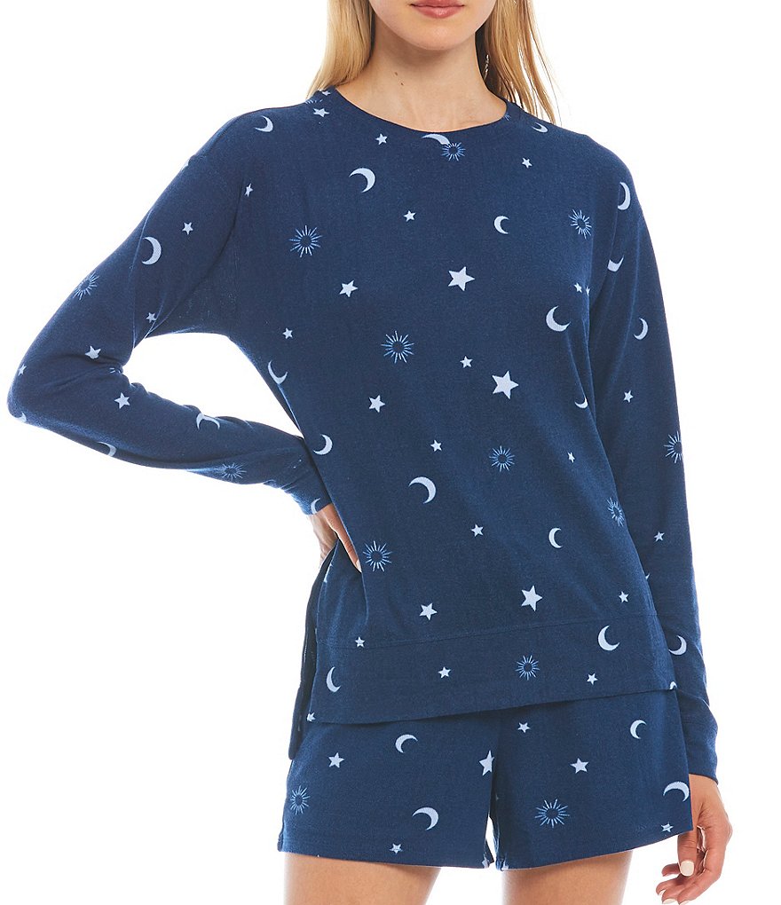 Jasmine & Ginger Celestial Print Brushed Knit Crew Neck Long Sleeve Coordinating Sleep Top