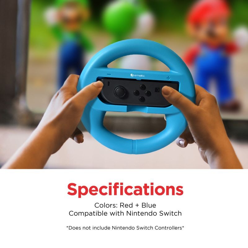Ematic Nintendo Switch Steering Wheel 2-Pack - Red, Blue NSWJ399