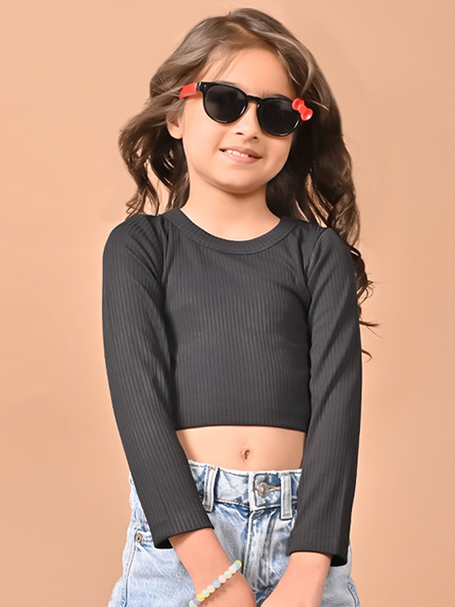 LilPicks Kids Black Solid Full Sleeves Crop Top