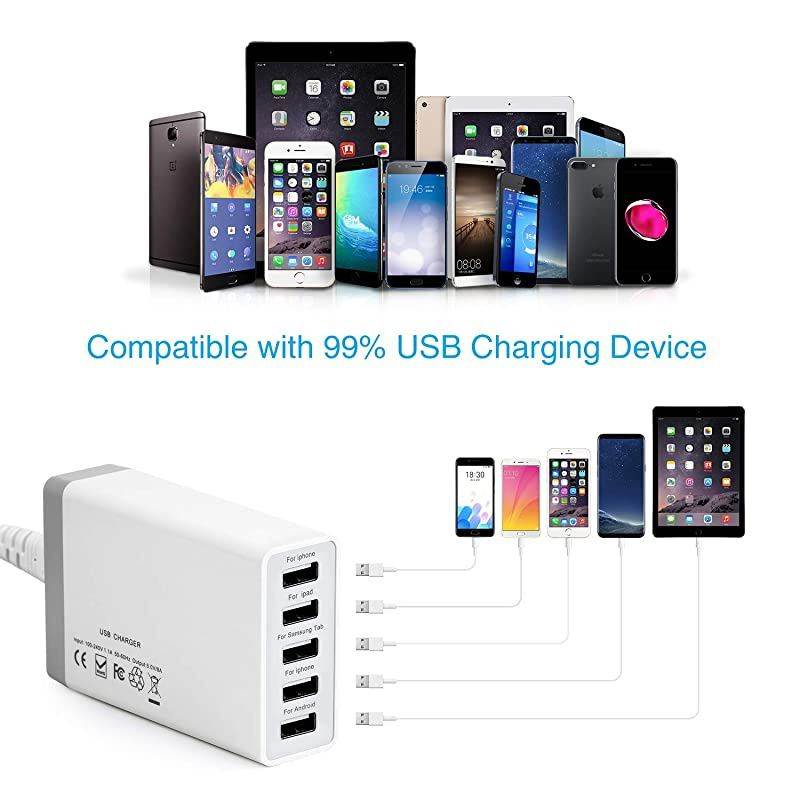 Wall Charger with 5 Port 40W 8A Compatible for Tablet, Phone X Plus 8 Pro, Cell Devices Product, Android Phone and All Port Devices, Desktop Charging Stations for Multiple Devices