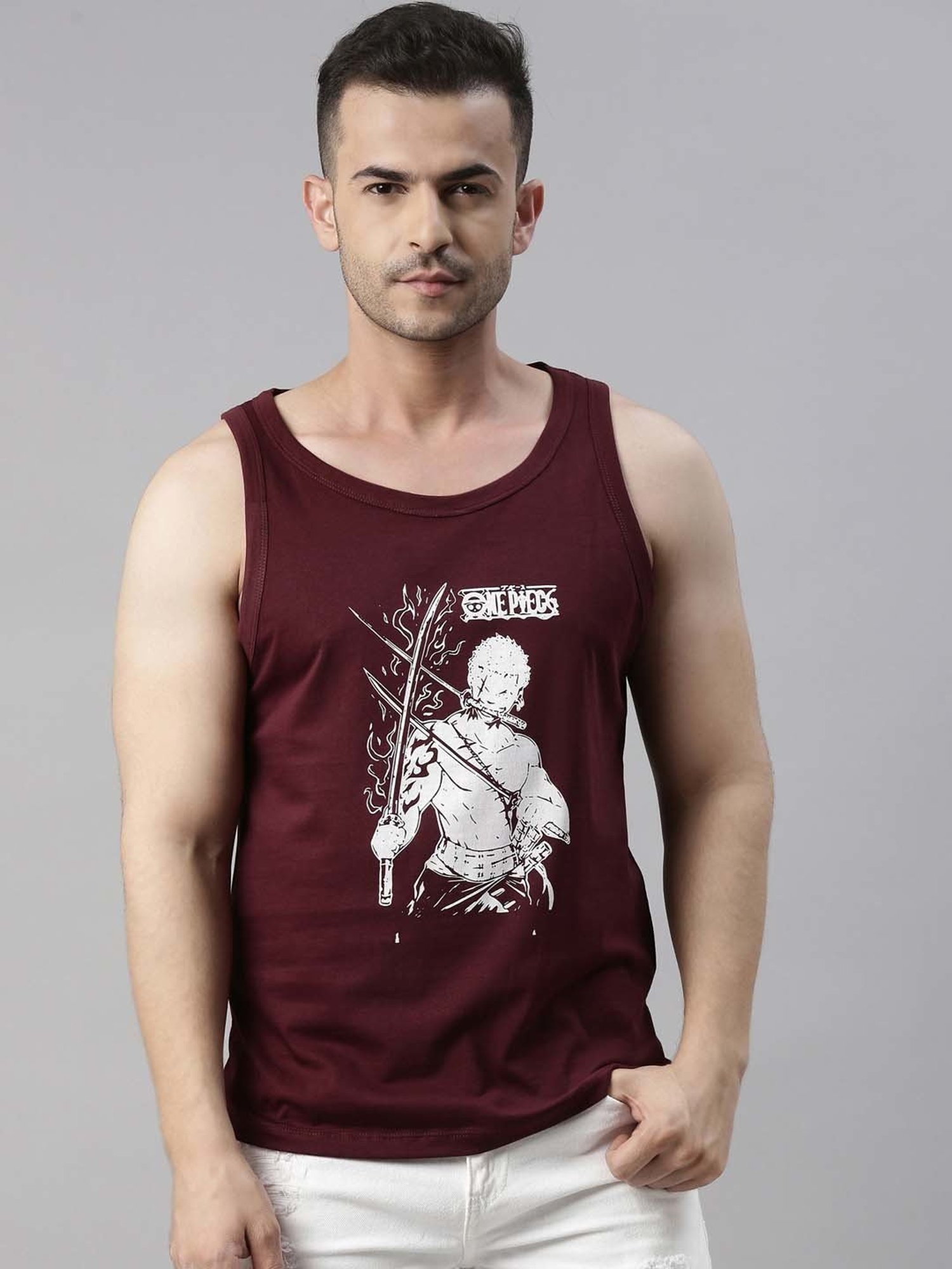 Bushirt Anime Maroon Printed Cotton Vest