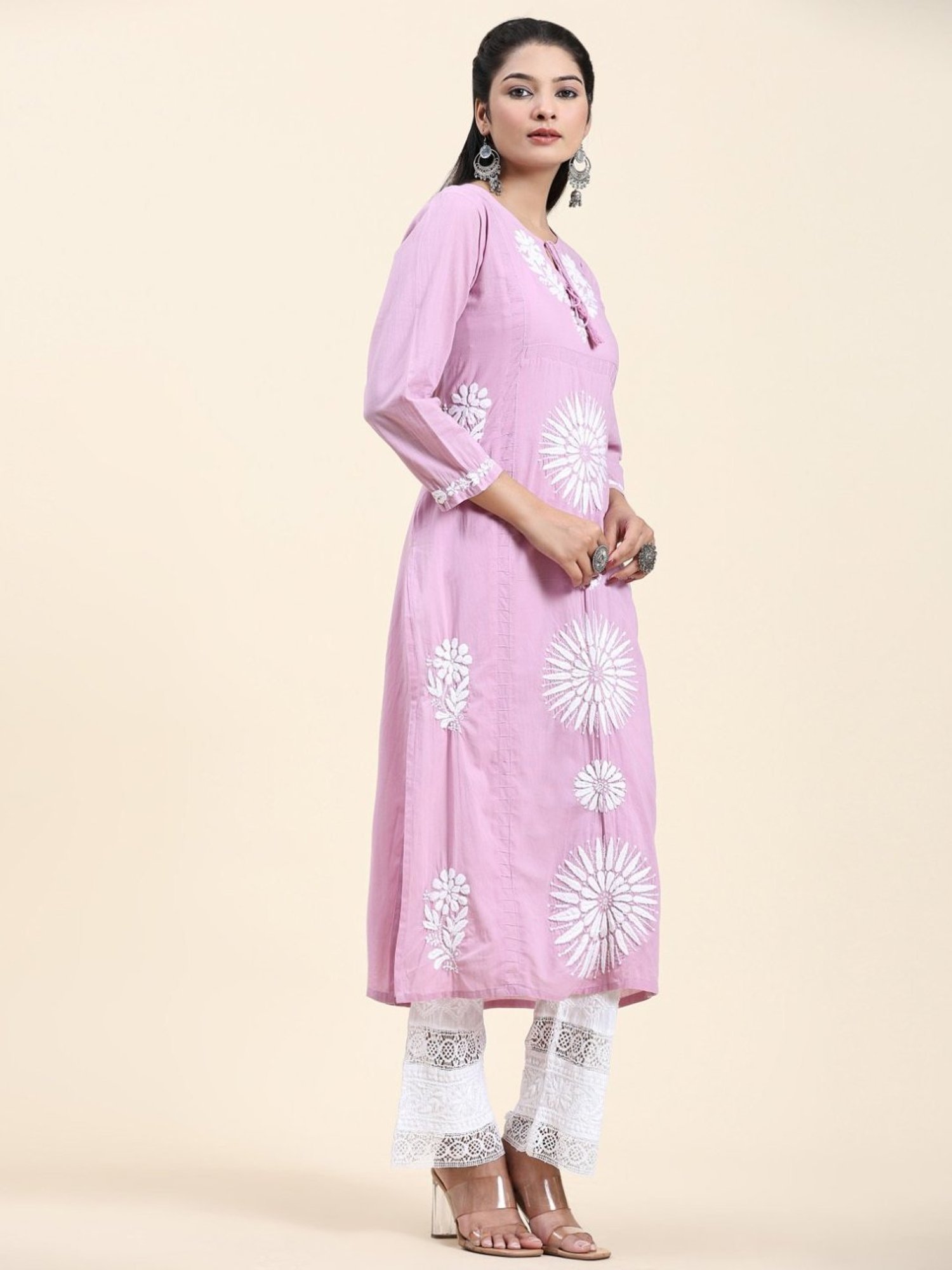 House Of Kari Samma Chikankari Long Kurti In Cotton for Women- Lavender