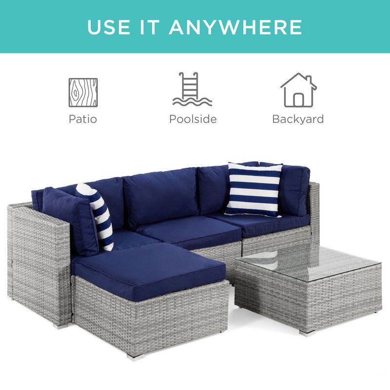 Best Choice Products 5-Piece Modular Outdoor Conversational Furniture Set, Wicker Sectional Sofa w/ Table - Gray/Navy