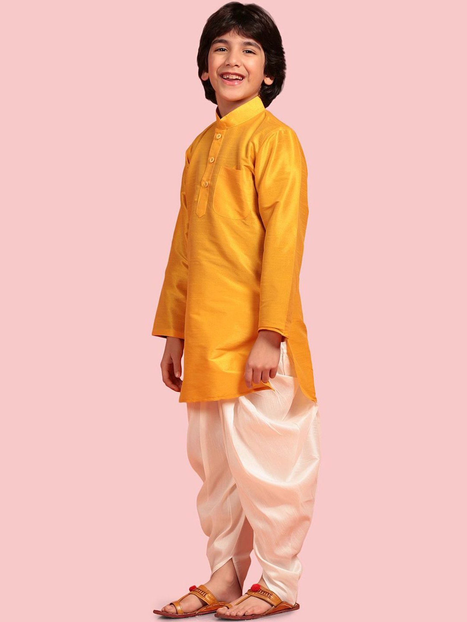 AJ Dezines Kids Yellow & White Regular Fit Full Sleeves Kurta Set