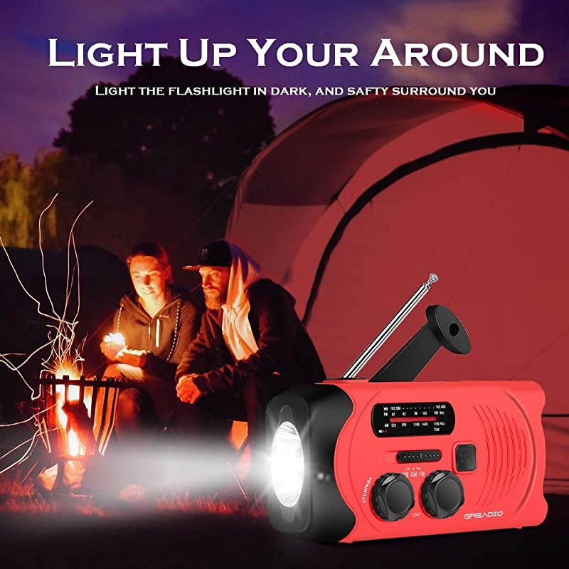 Hand Crank Radio Weather Solar NOAA Radio with AMFM Bright Flashlight SOS Alarm and 2000mAh Power Bank for and Outdoor Activies Red
