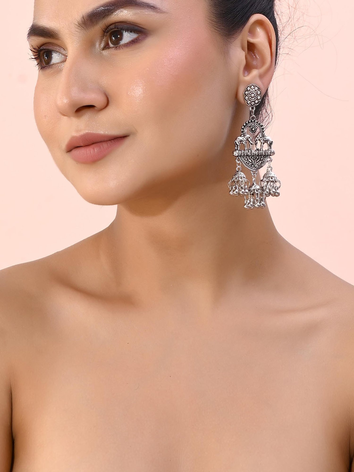 VOJ Silver-Plated Elephant Oxidized Contemporary Drop Earrings for Women