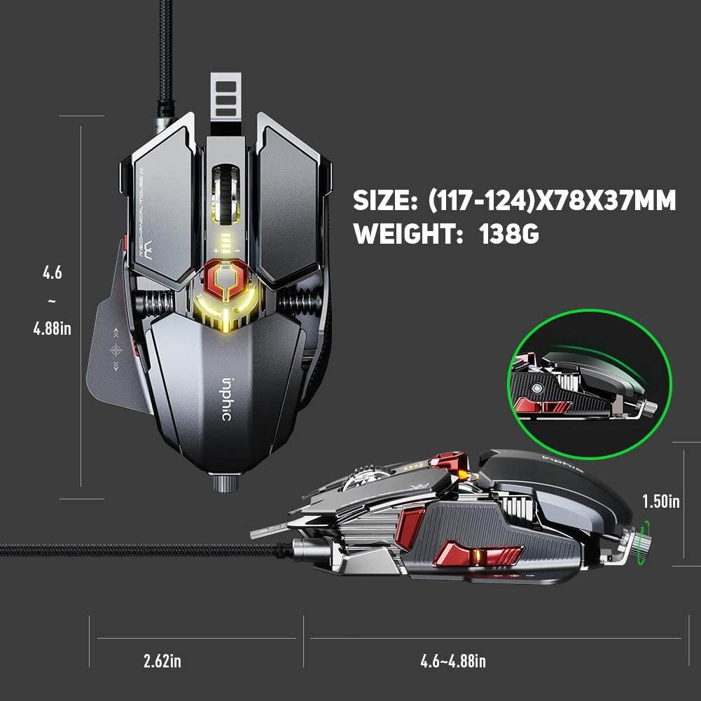Gaming Mouse,  Wired Mouse for Office or FPS Gamers, Adjustable Mouse Length & 7 Programmable Buttons, Up to 7200 Adjustable DPI, Iron Grey