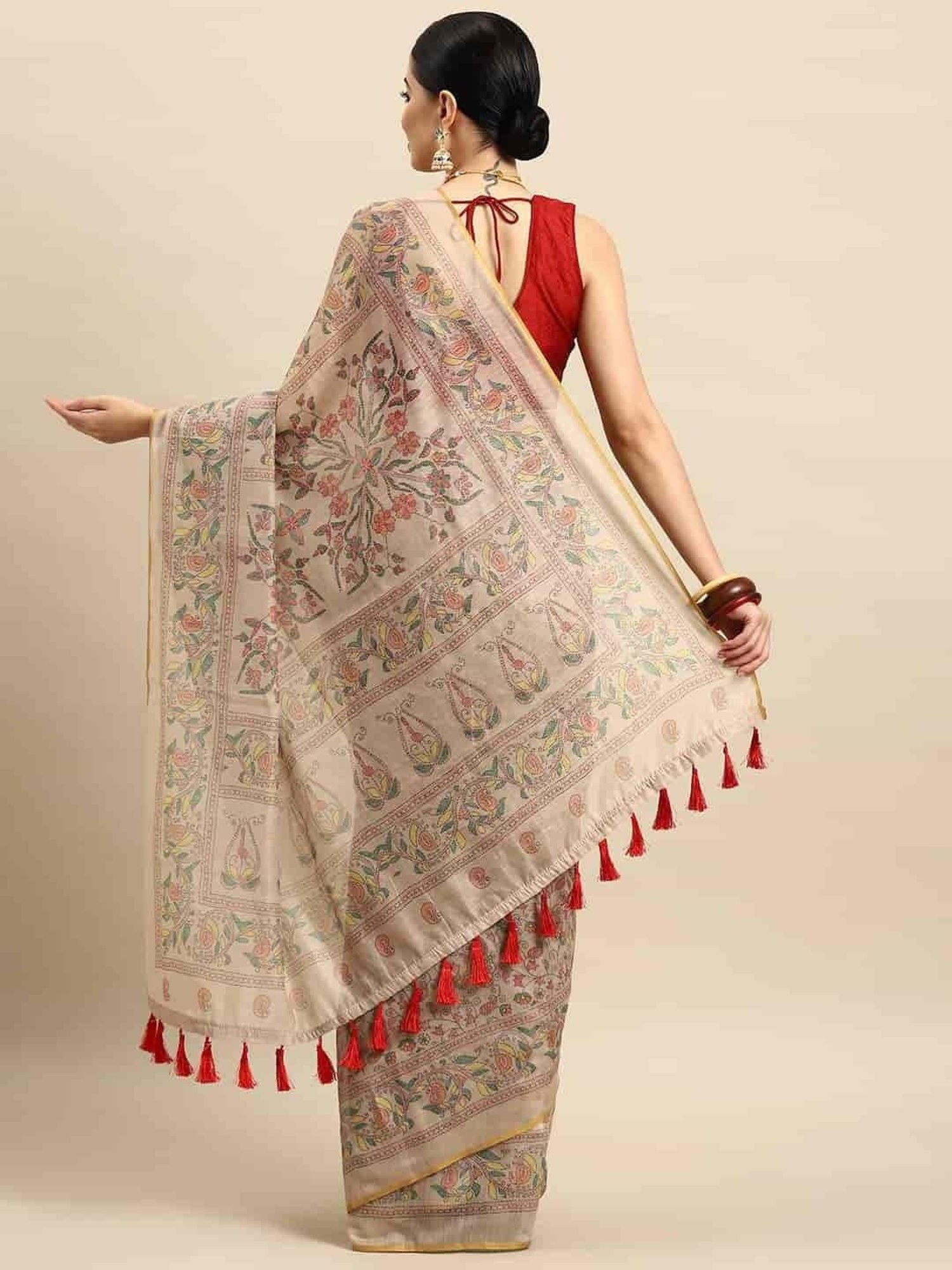 Silk Land Beige Printed Saree With Unstitched Blouse