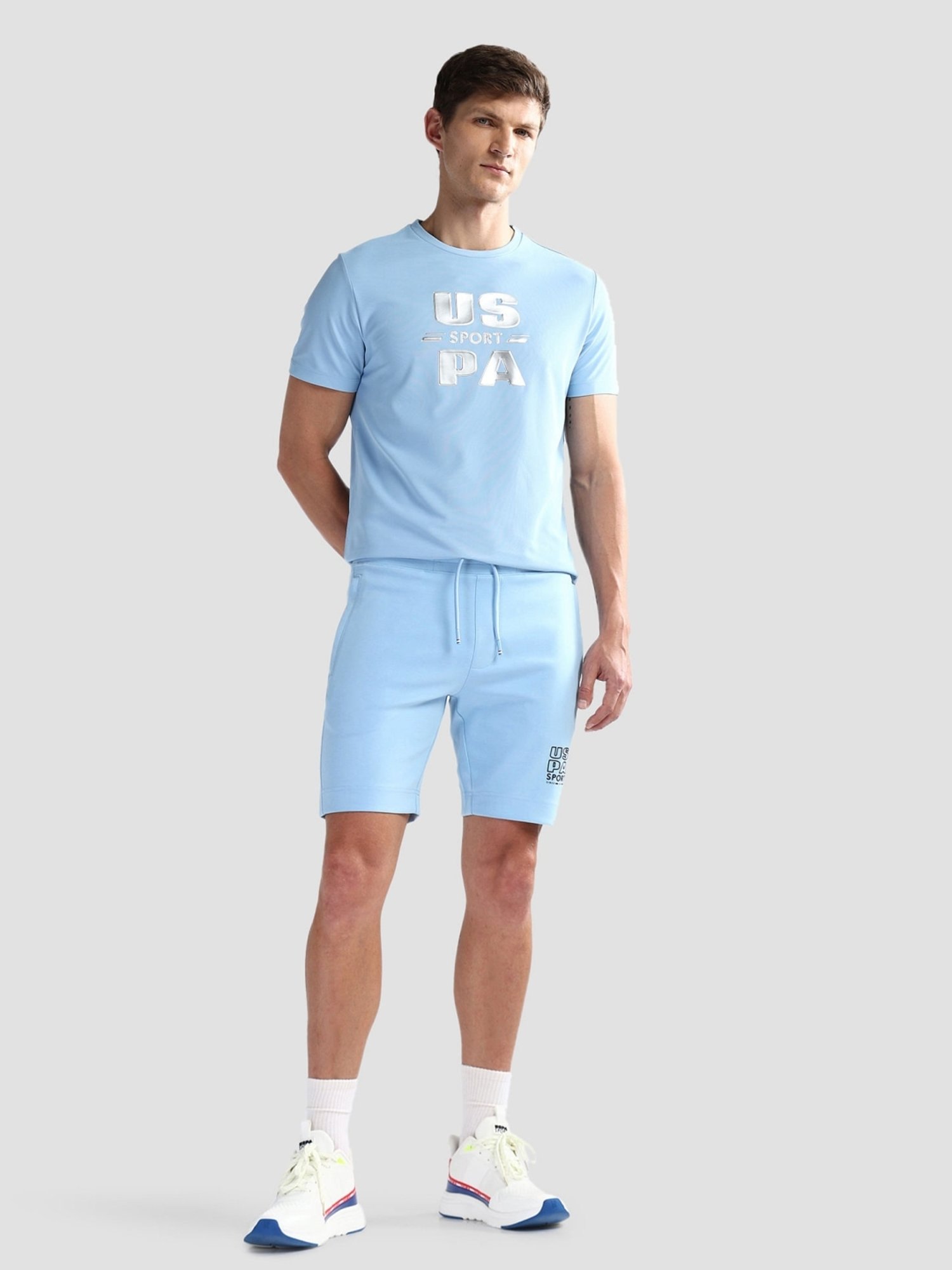 USPA Active Sky Blue Slim Fit Logo Printed Sports Shorts