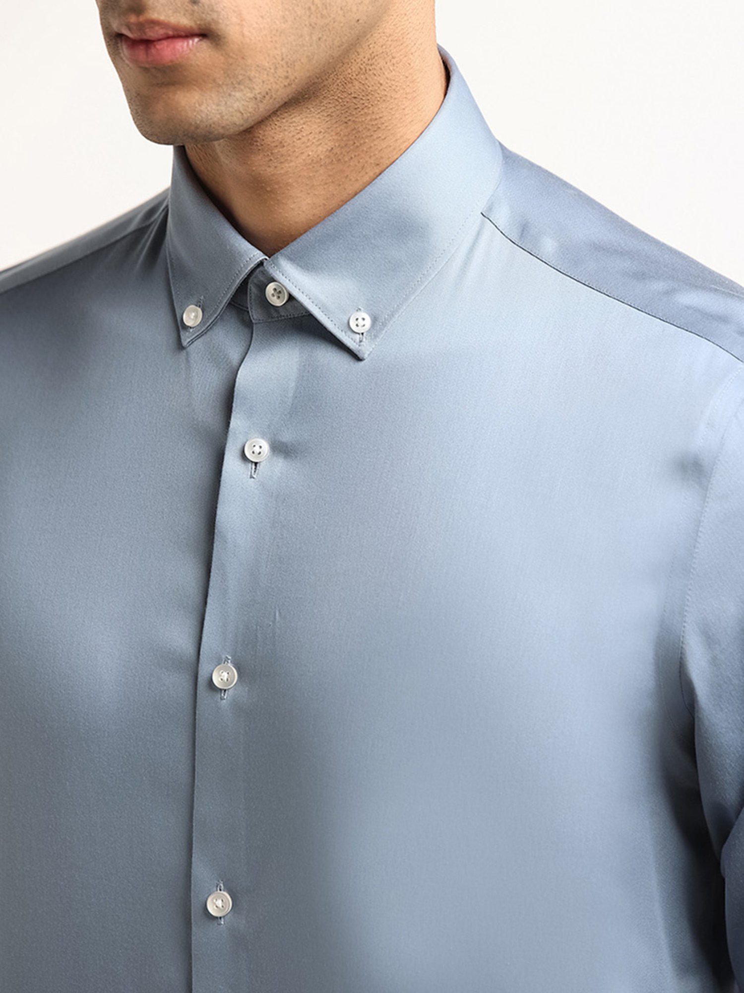 WES Formals by Westside Dusty Blue Solid Slim Fit Shirt