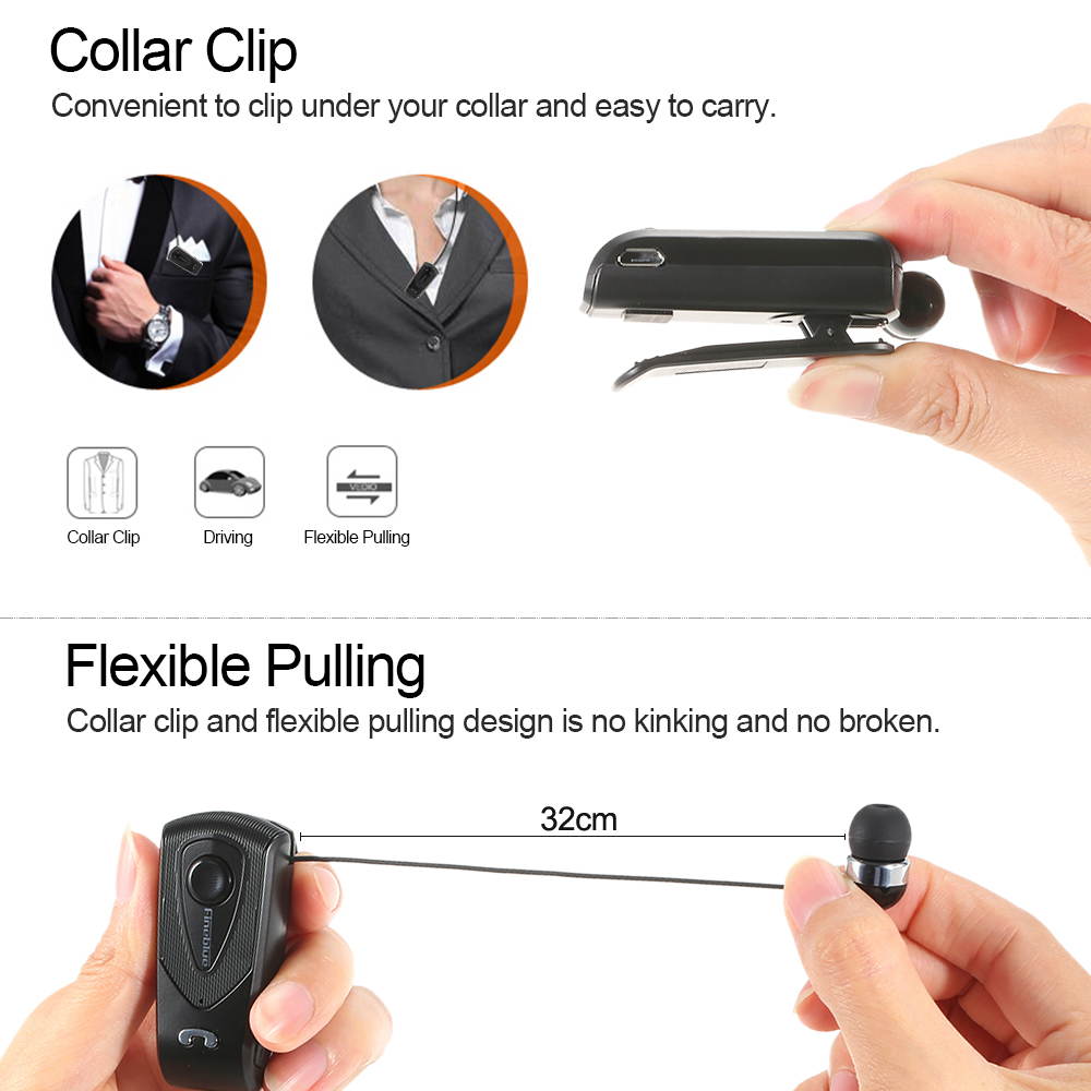 Fineblue F930 Clip-on Bluetooth 4.1 Headphones In-ear Cable Retractable Earphone Stereo Music Headsets Hands-free Calling Multi-point Black for Bluetooth-enabled Devices