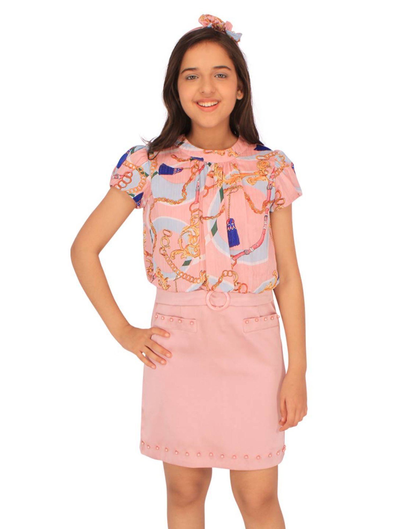 Cutecumber Kids Peach Printed Shift Dress with Hairband