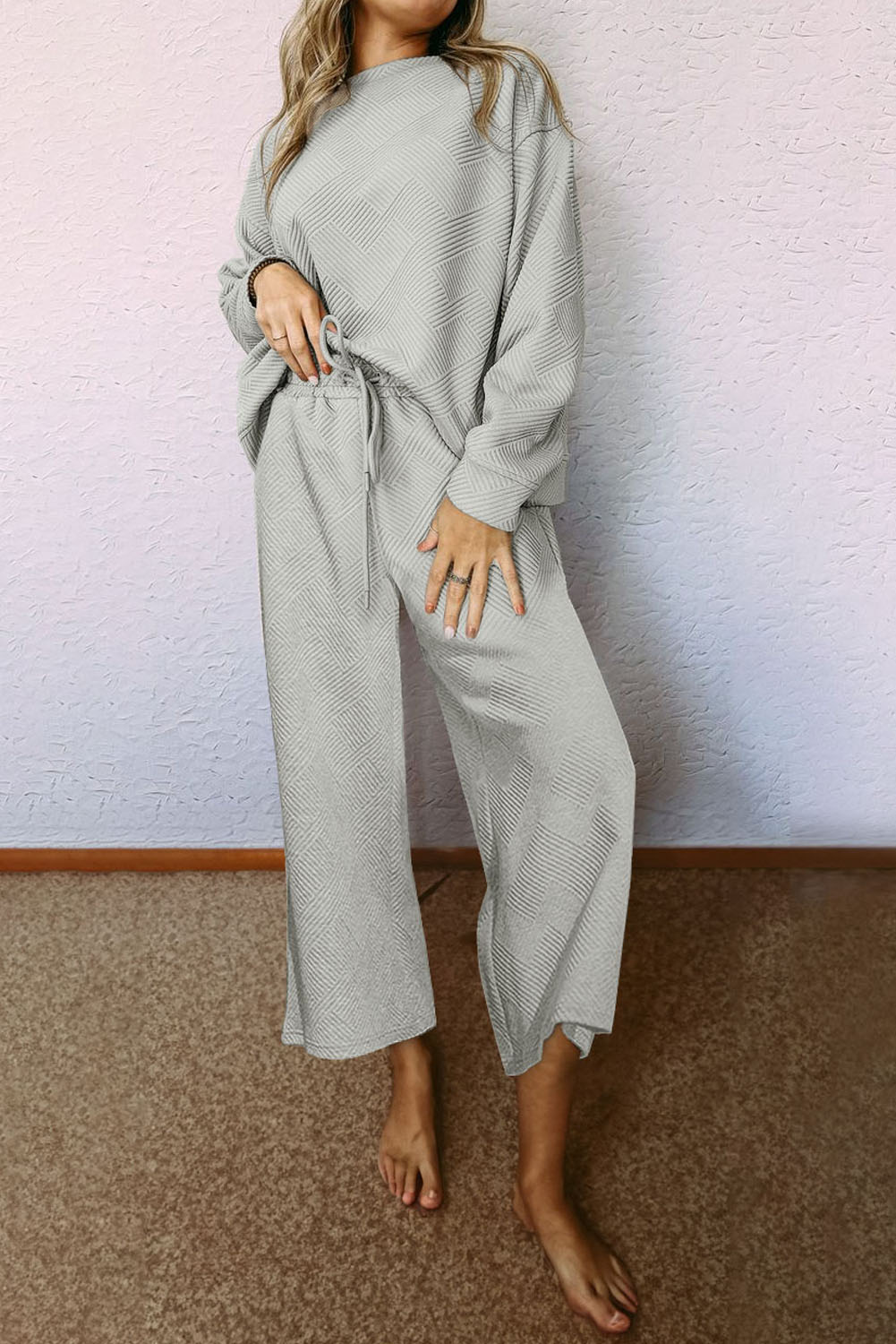 Gray Textured Loose Slouchy Long Sleeve Top and Pants Set