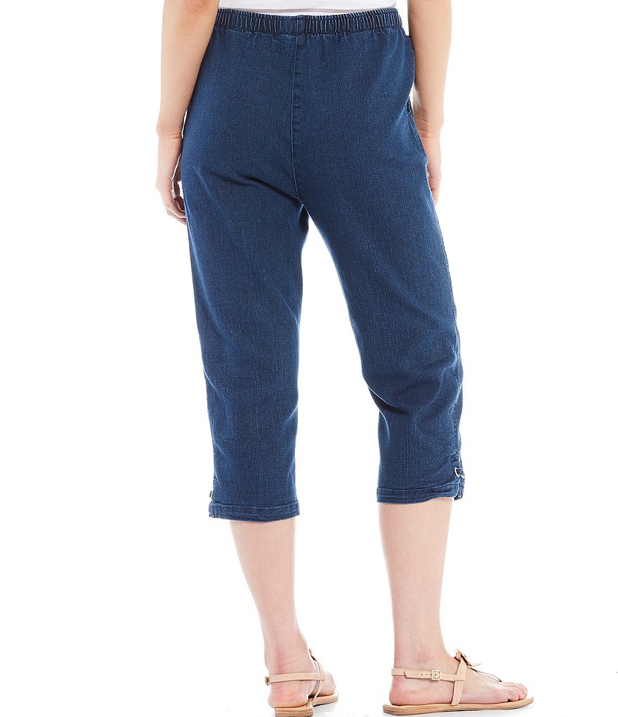 Allison Daley Petite Size Stretch Denim Silver Ring Hem Detail Pull-On Capri