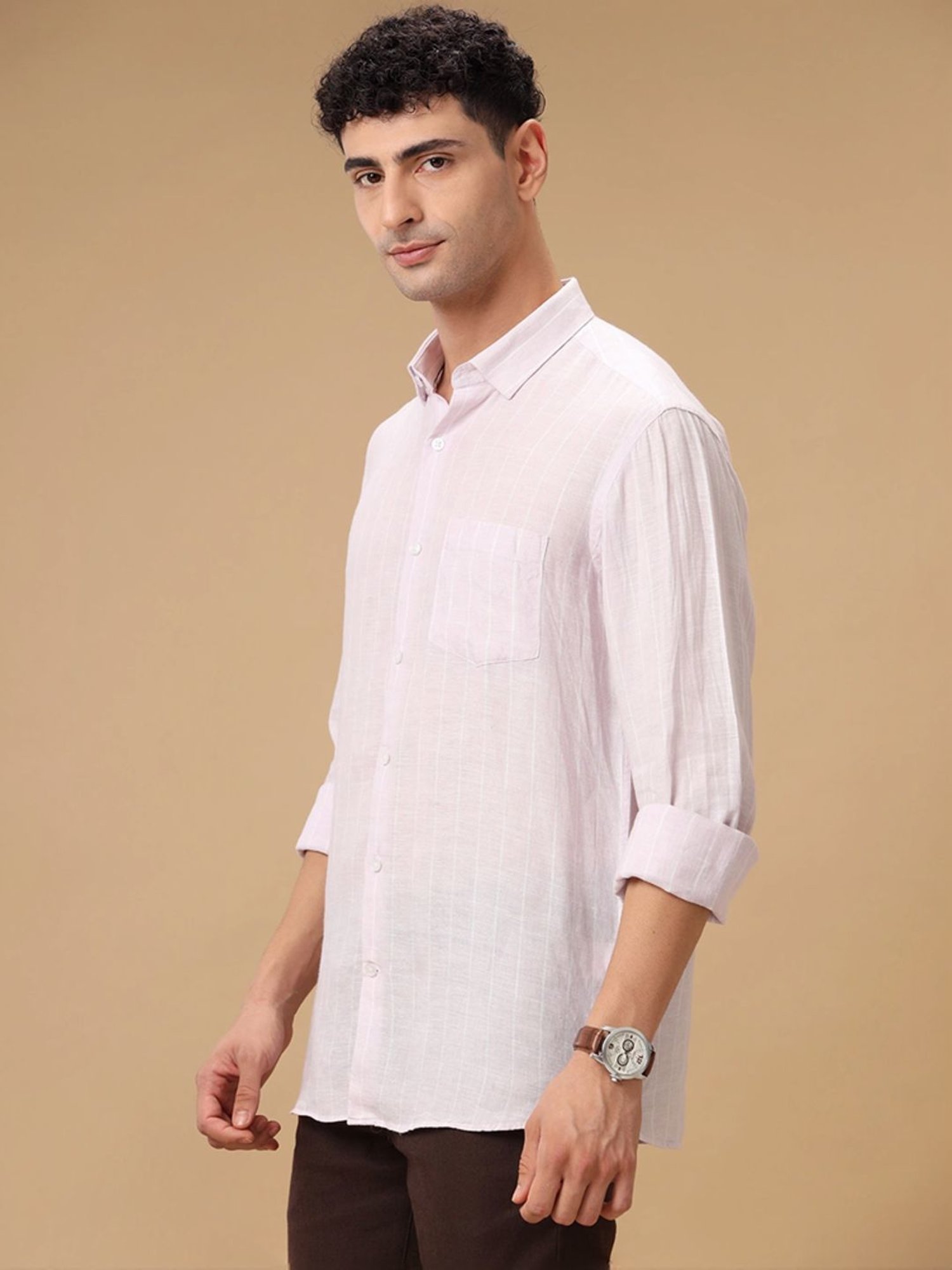 Linen Club Purple Linen Contemporary Fit Striped Shirt