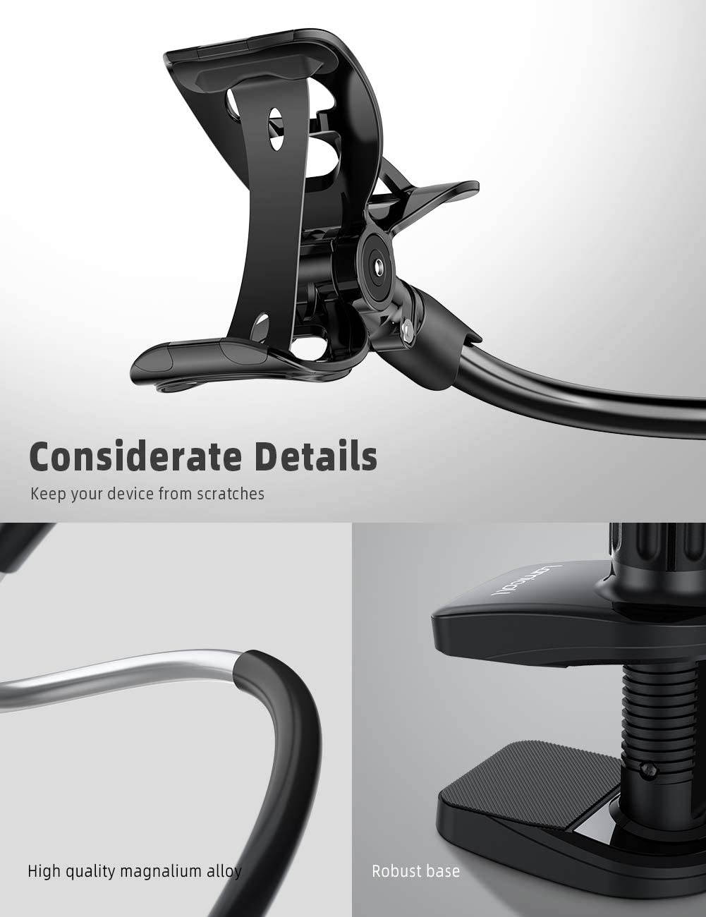 Phone Holder Bed Gooseneck Mount - Lamicall Flexible Arm 360 Mount Clip Bracket Clamp Stand for Cell Phone 11 Pro XS Max XR X 8 7 6 Plus 5 4, Galaxy S10 S9 S8 S7 S6, Overall Length 33.4In(Black)