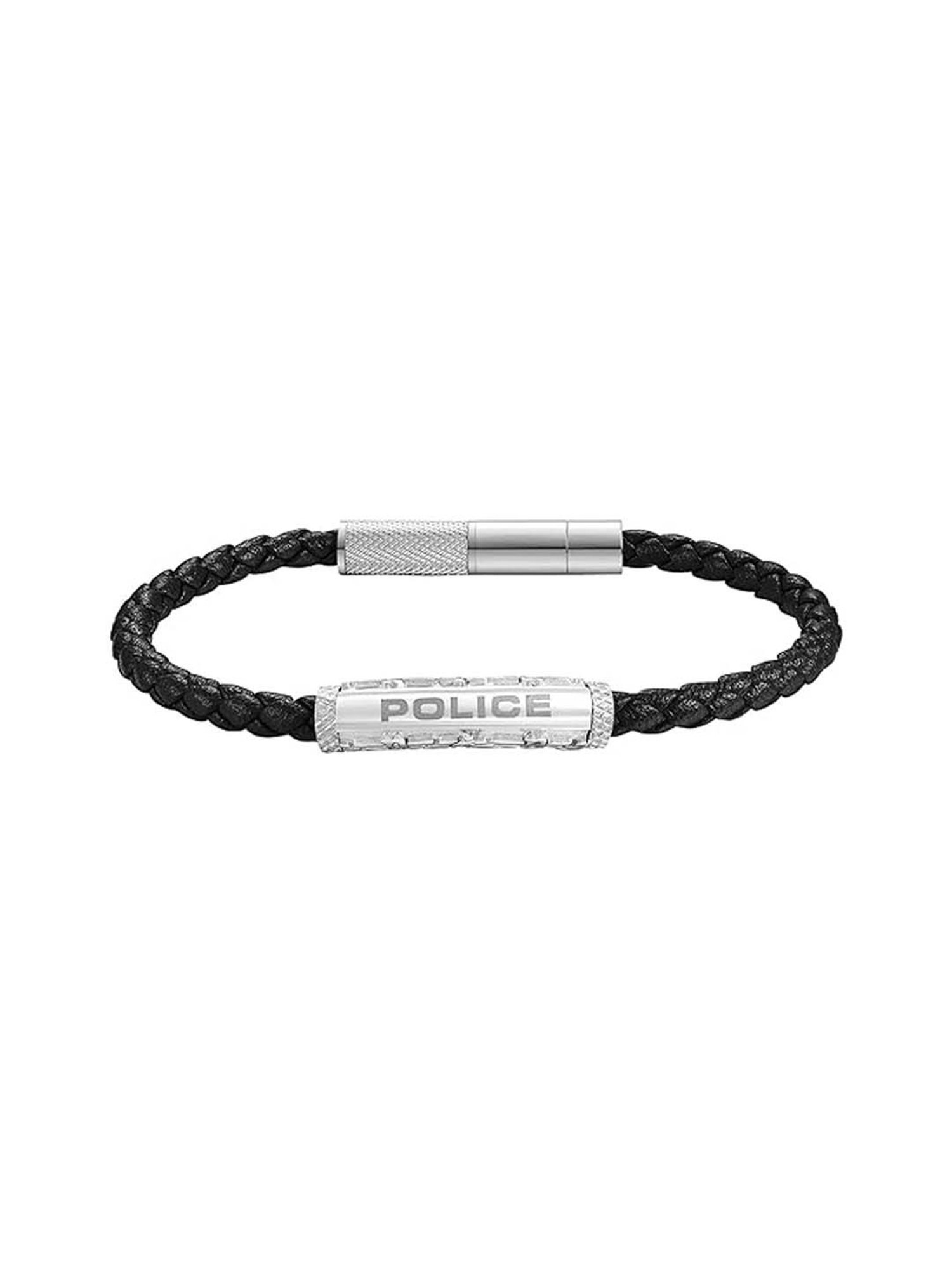 Police Warren Wing Logo Emblem Men's Black Leather Bracelet- PEAGB0033601