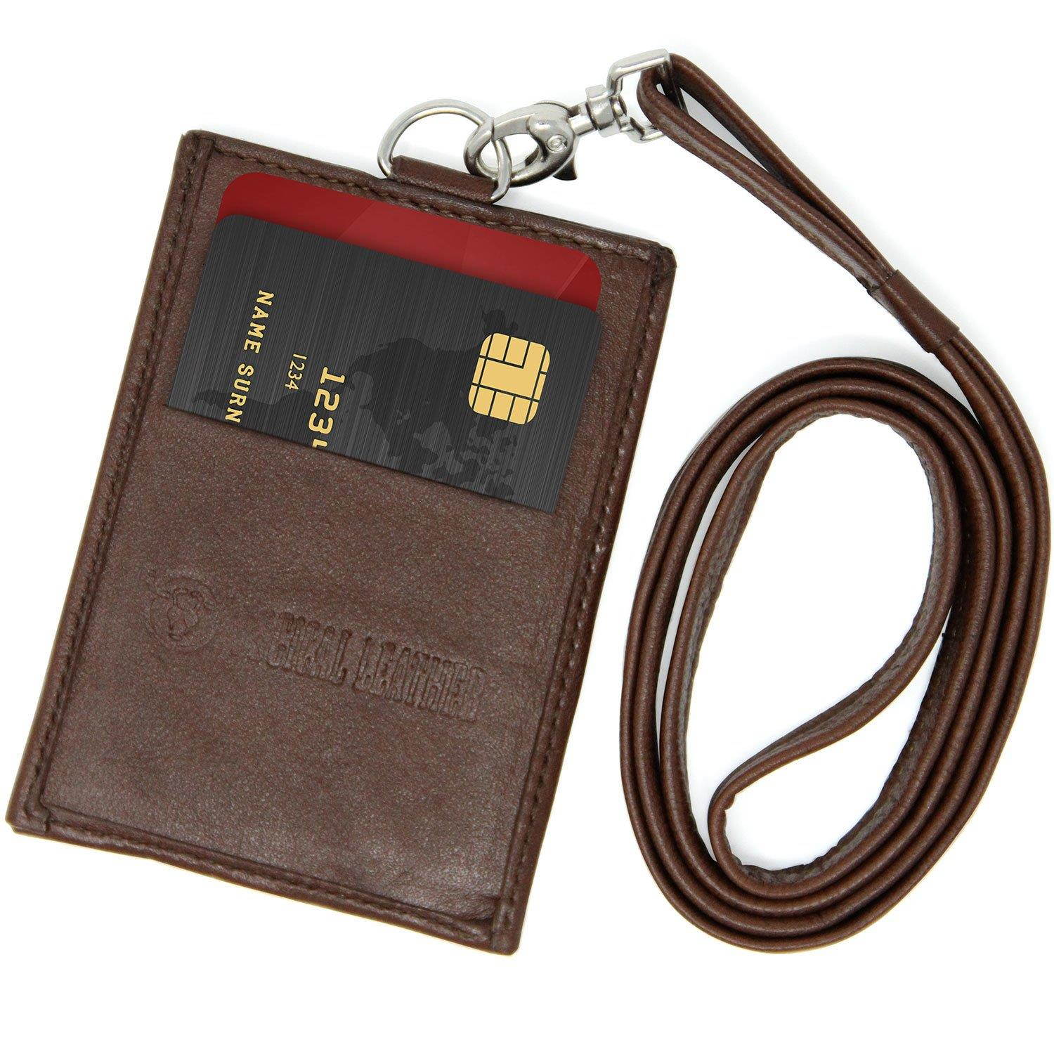 Logical Leather ID Lanyard with Detachable Vertical Badge Holder - Genuine Leather Lanyards for Women & Men (Brown)