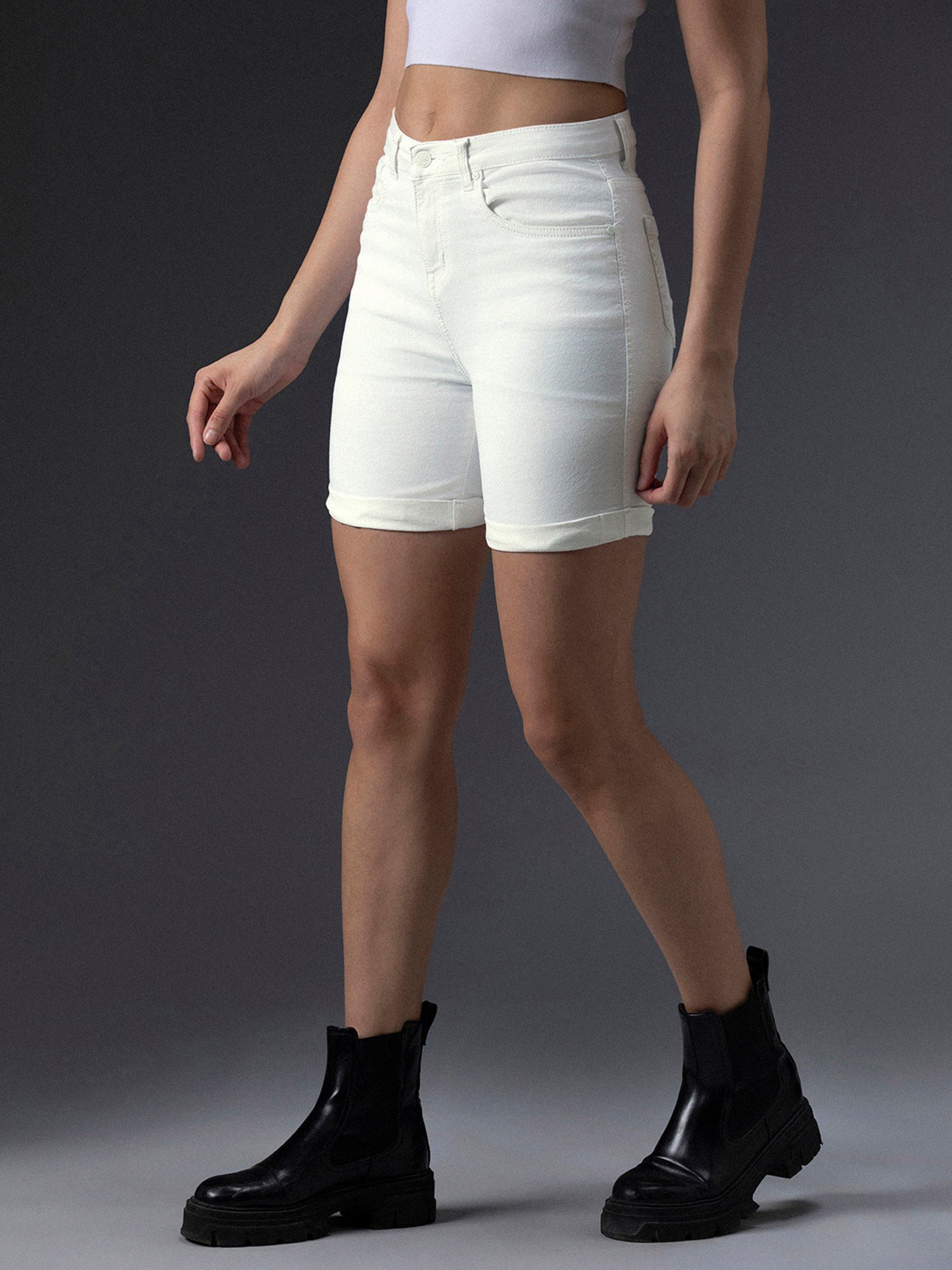 High Star White Cotton Regular Fit Shorts