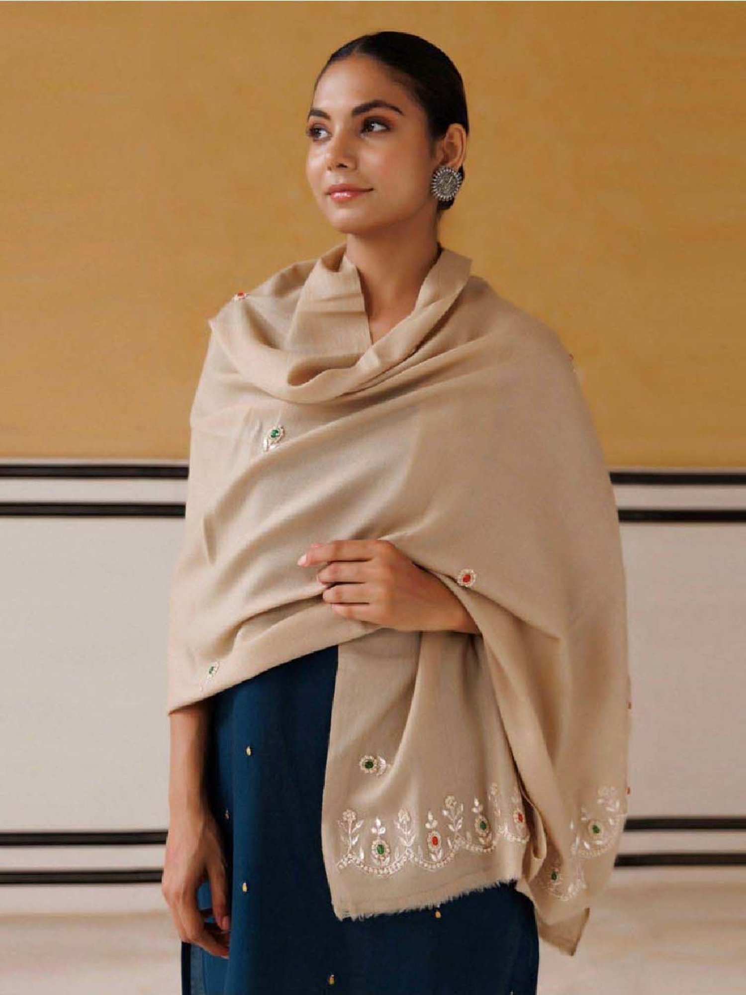 Geroo Jaipur Beige Hand Embroidered Gota Patti-Zardosi Woolen Shawl