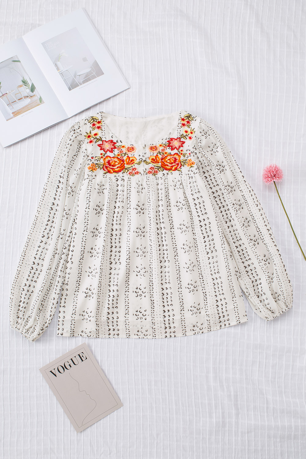 One World Apparel Jacquard Square Neck Short Sleeve Ivory Multi Floral Print Top