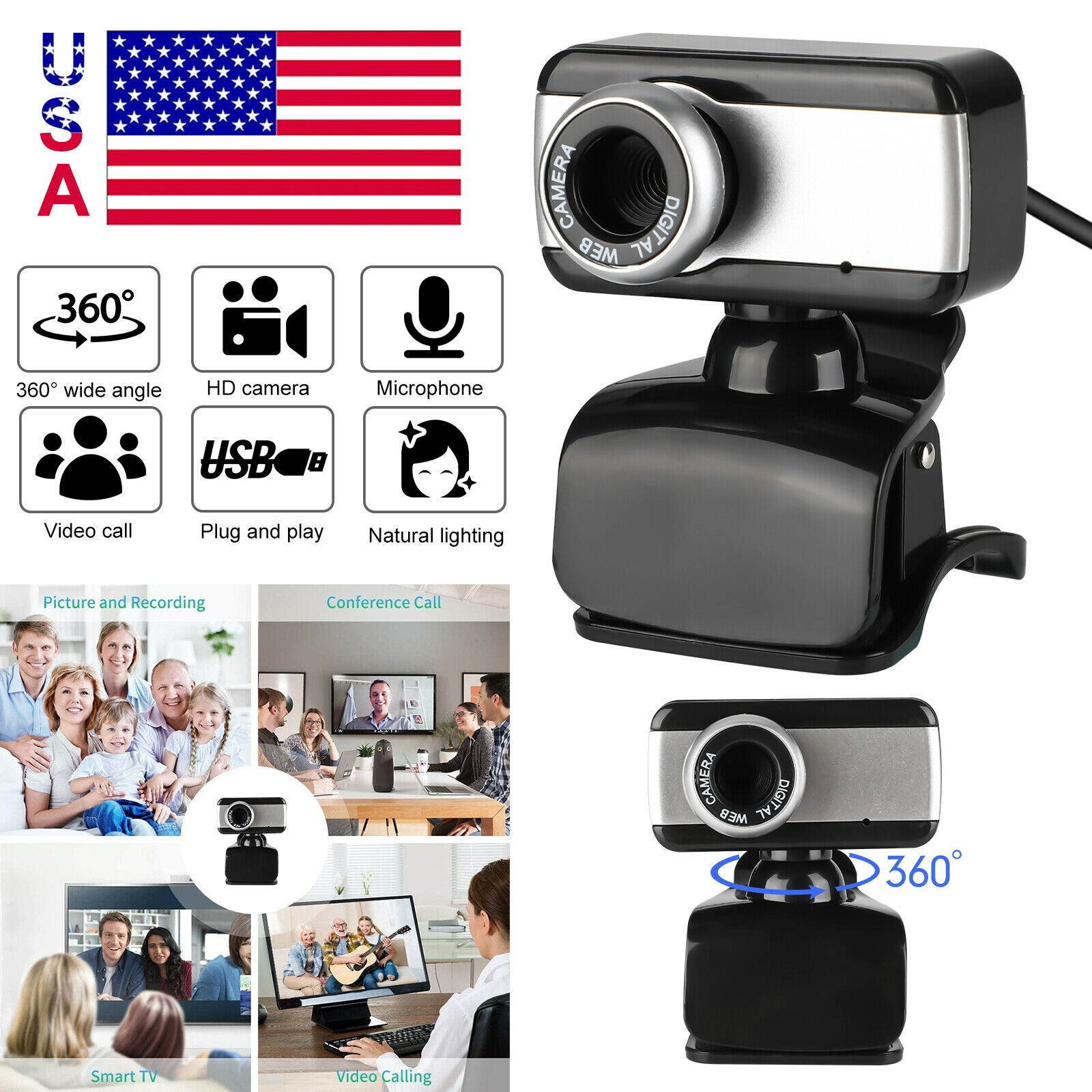 Rotatable USB 2.0 HD Webcam Camera w/Microphone Mic For Laptop Desktop Computer