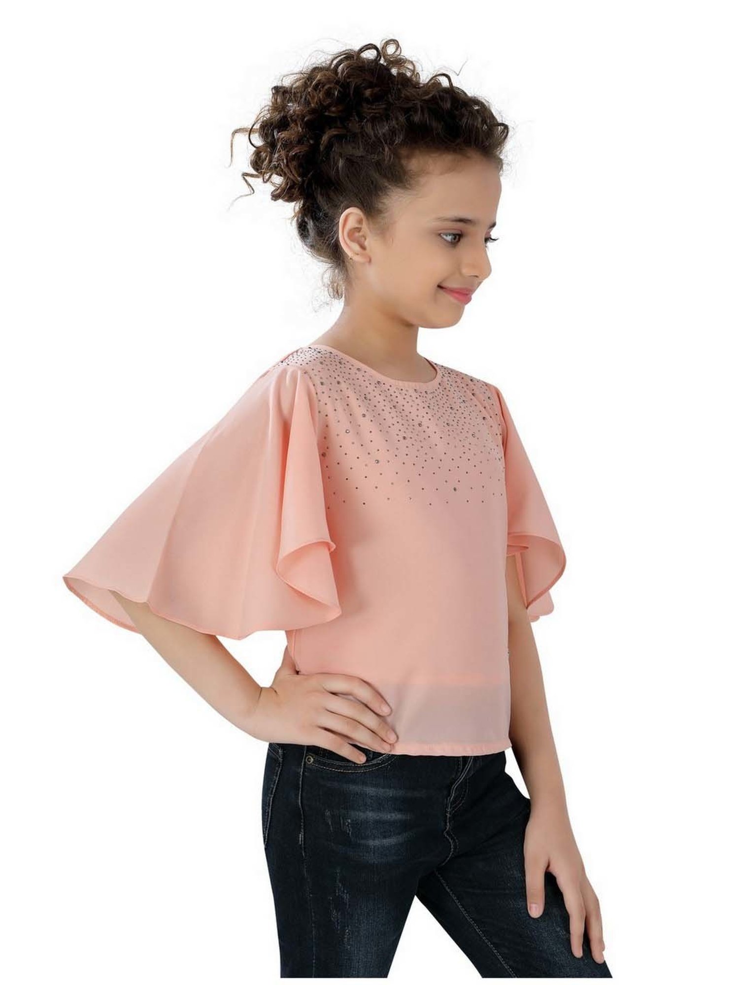 poplins Kids Peach Cotton Embellished Top