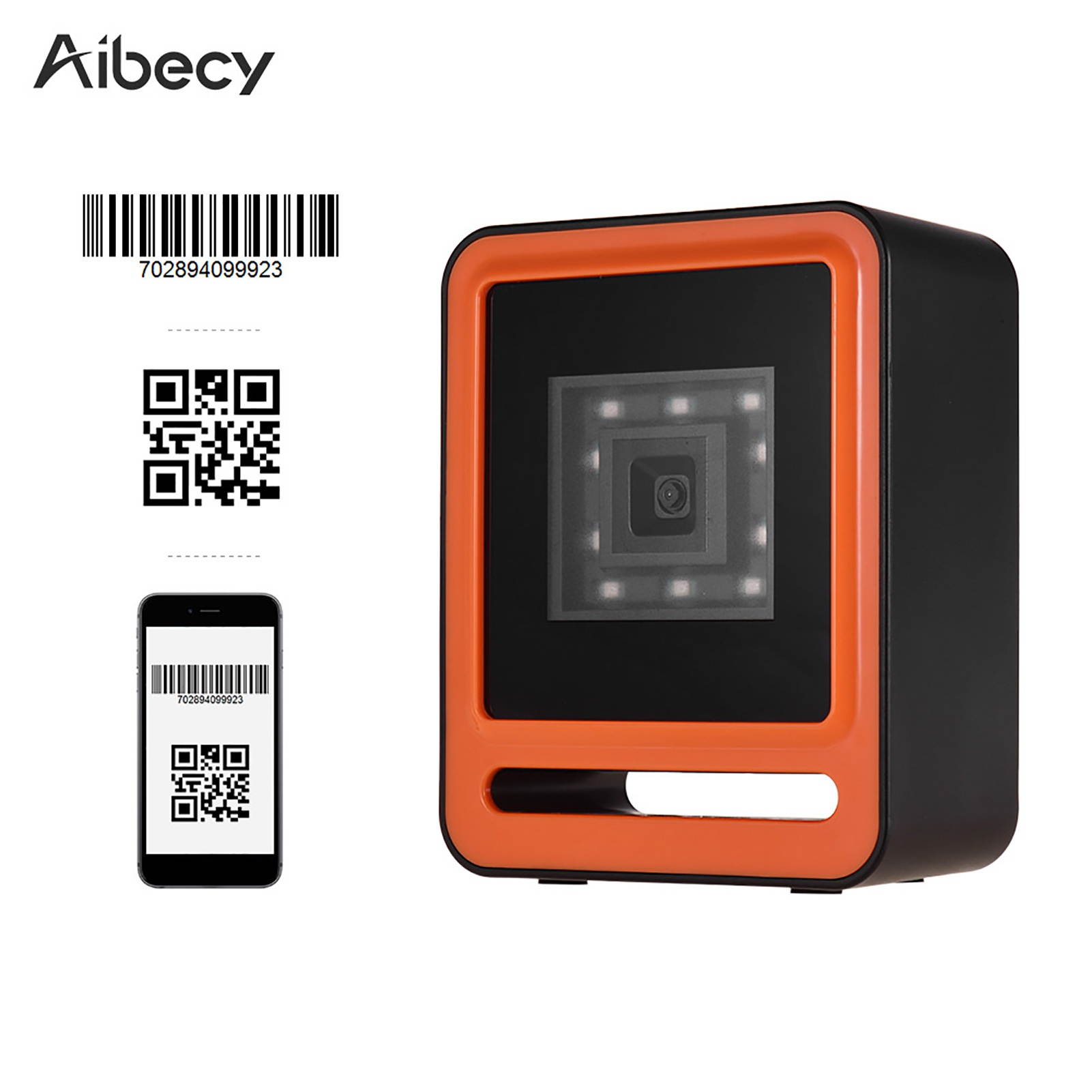 Aibecy Hands-free USB Wired 1D 2D QR Barcoder Scanner Desktop Omnidirectional Bar Code Reader Platform with Top Trigger Button Support Continue Scan/Auto Sense Mode for Supermarket Retail Store Mobile
