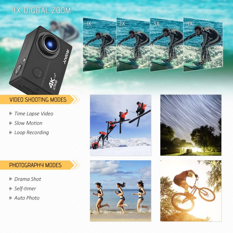 Andoer AN200 4K WiFi Action Sports Camera 16MP 1080P Full HD 4X Zoom 2" LCD 170&deg; Wide Angle Waterproof 30m with Remote Control Support Time Lapse Slow Motion Drama Shot