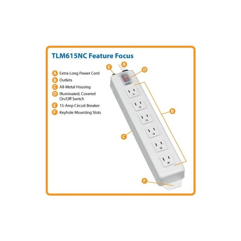 6 Outlet Home Office Power Strip 15ft Cord with 515P Plug TLM615NCGray