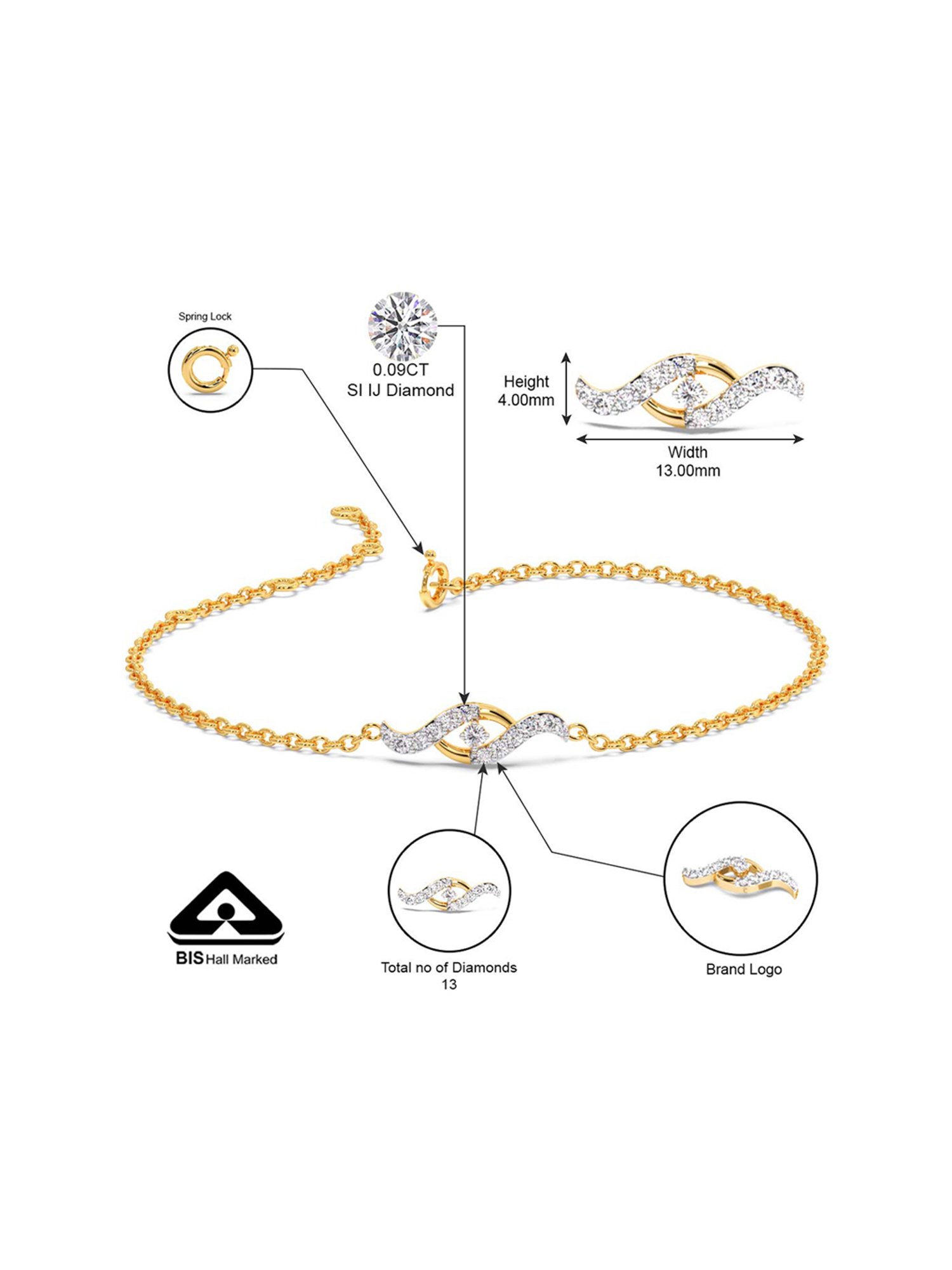 Candere by Kalyan Jewellers BIS Hallmark 18K Yellow Gold and Certified Diamonds Bracelet