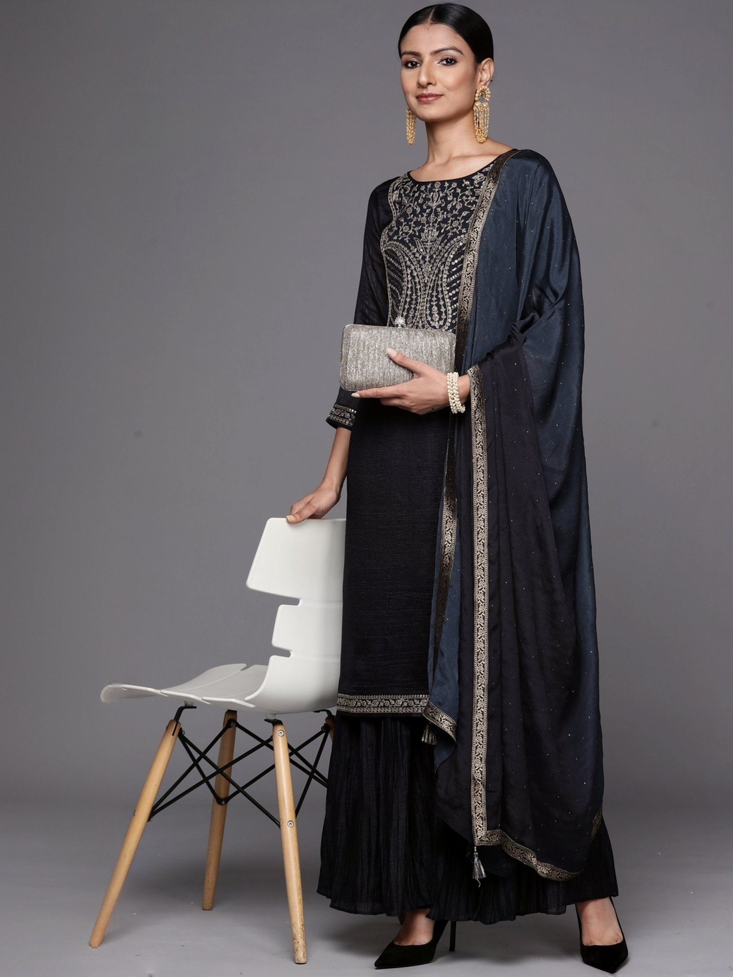 Libas Black Embroidered Kurta Sharara Set With Dupatta